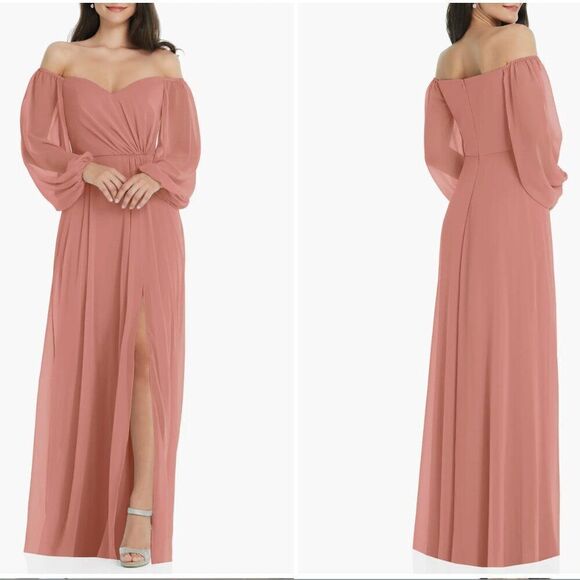 Dessy Collection Convertible Neck Long Sleeve Chiffon Gown Dessert Rose … - Picture 1 of 11